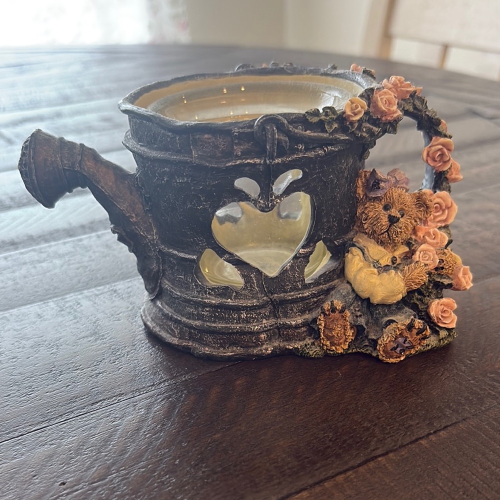 Whimsical Teapot Candle Holder with Bear and Roses